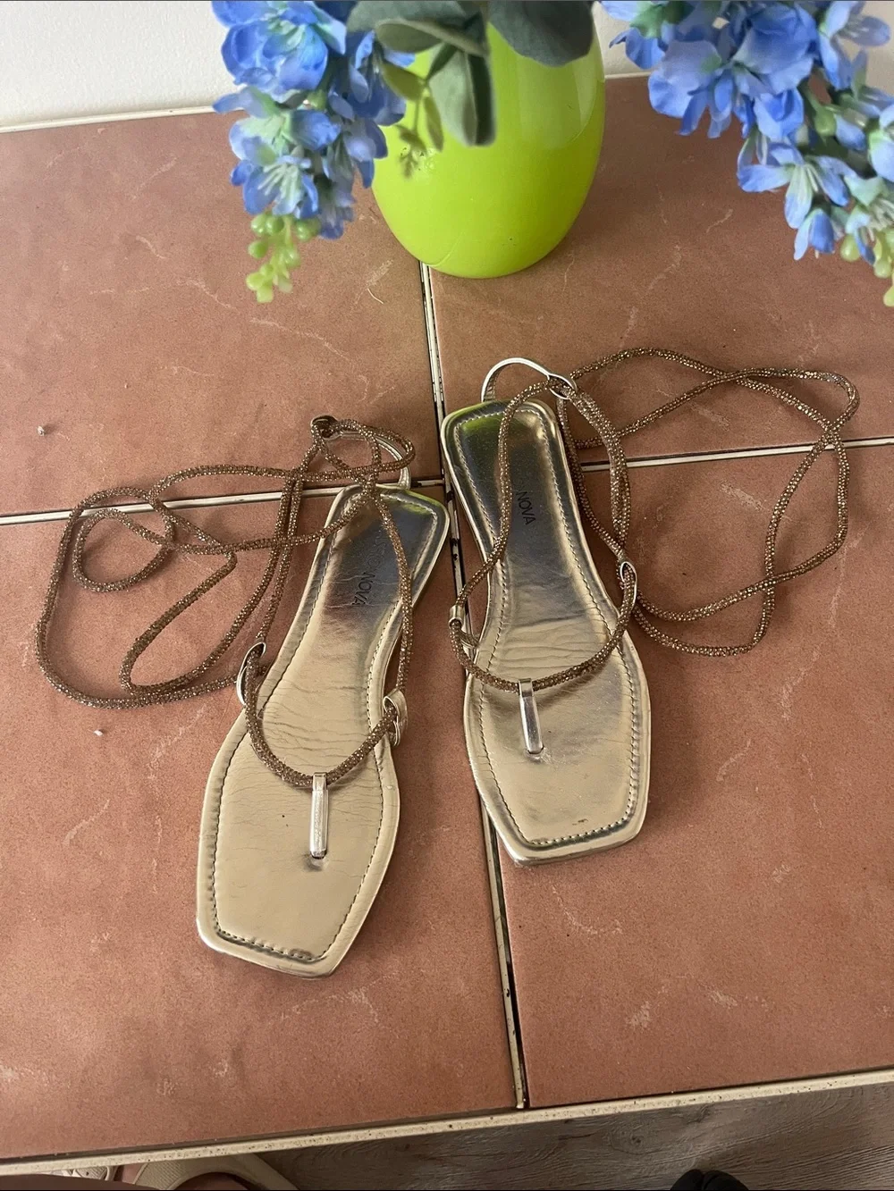 Fashion Nova Metallic Gold Lace-Up Square-Toe Sandals